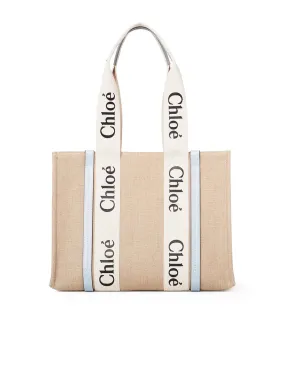 Medium Woody Tote Bag in White/Light Blue