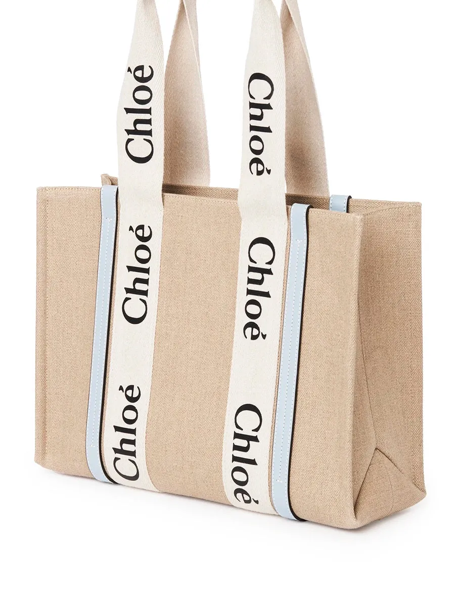 Medium Woody Tote Bag in White/Light Blue