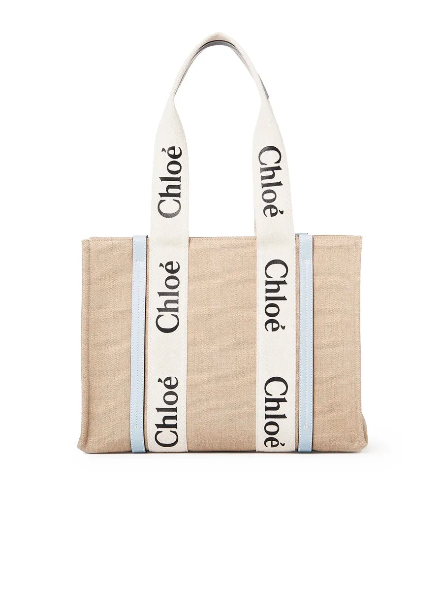 Medium Woody Tote Bag in White/Light Blue