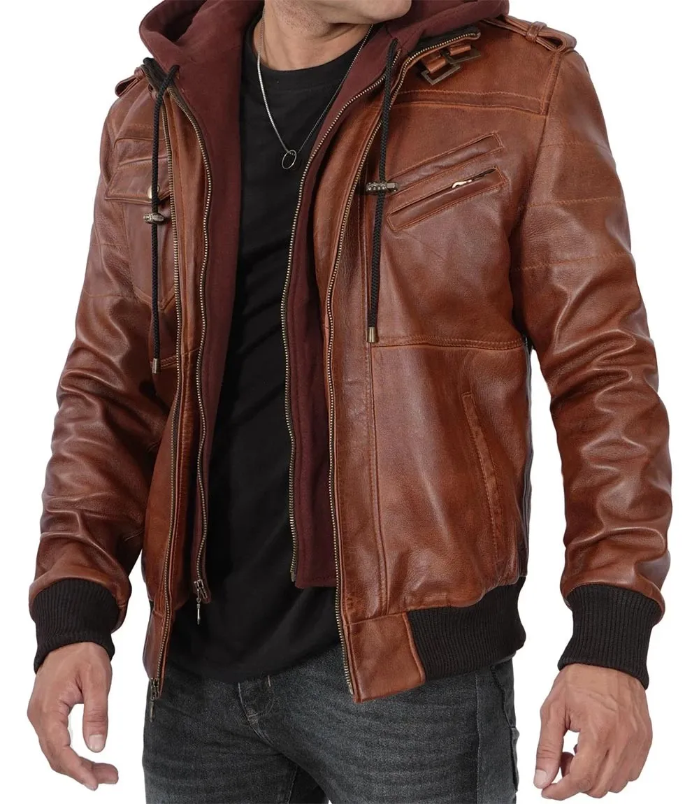 Men's Brown Bomber Leather Jacket With Removable Hood