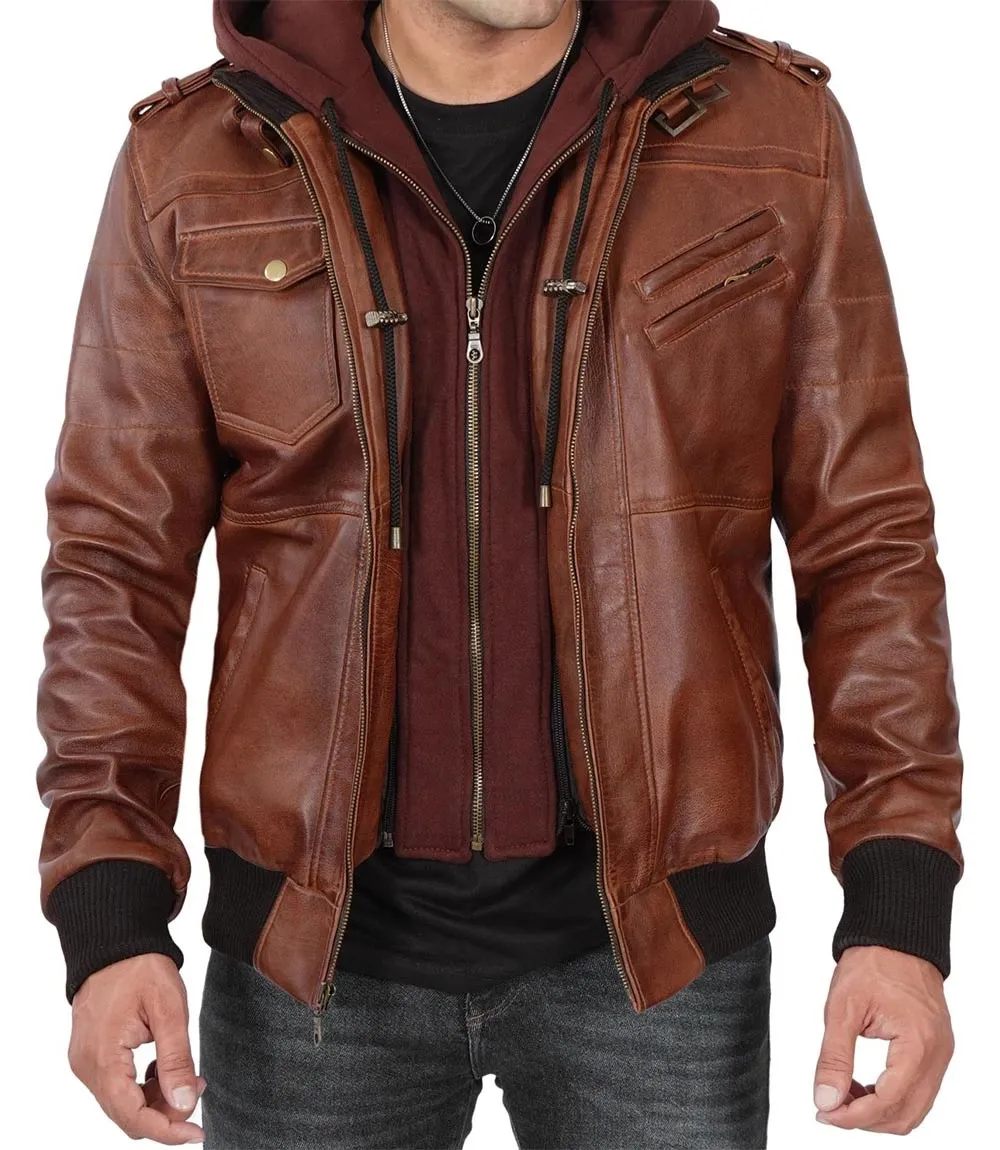 Men's Brown Bomber Leather Jacket With Removable Hood