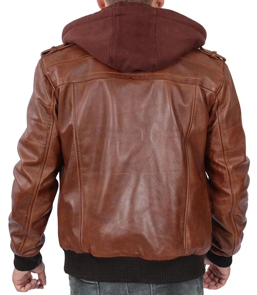 Men's Brown Bomber Leather Jacket With Removable Hood