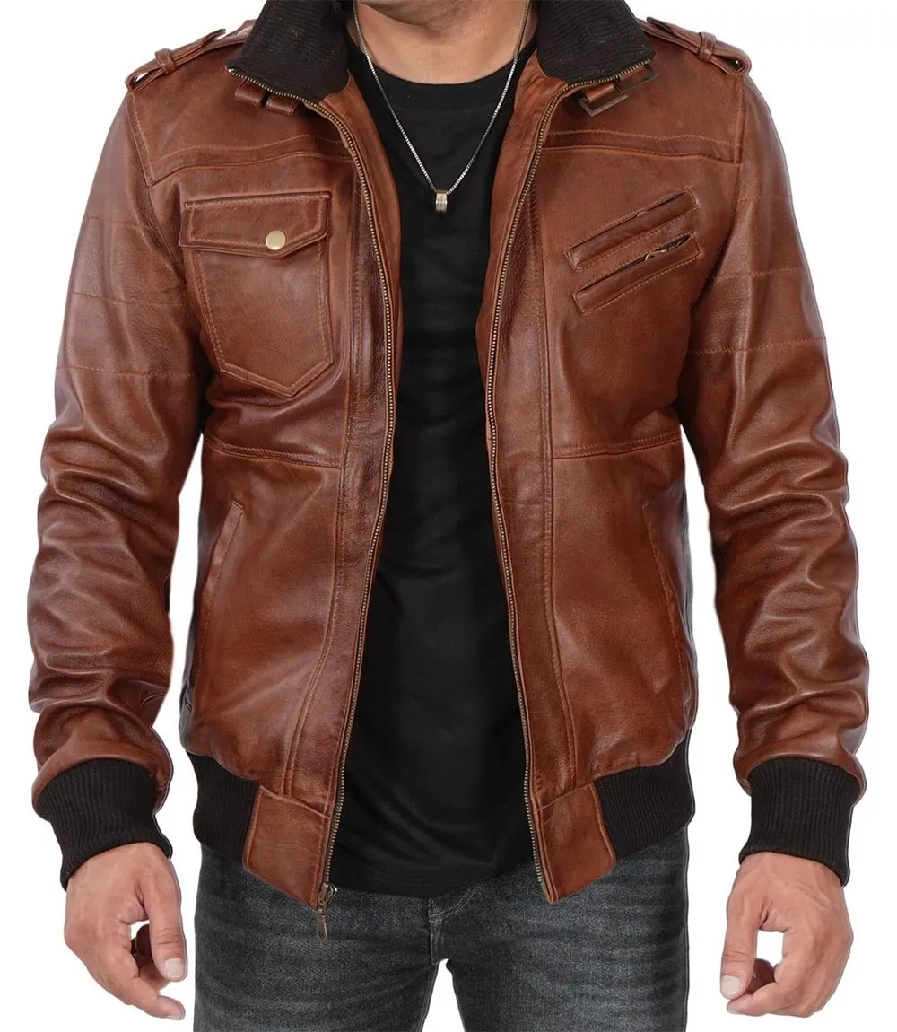 Men's Brown Bomber Leather Jacket With Removable Hood