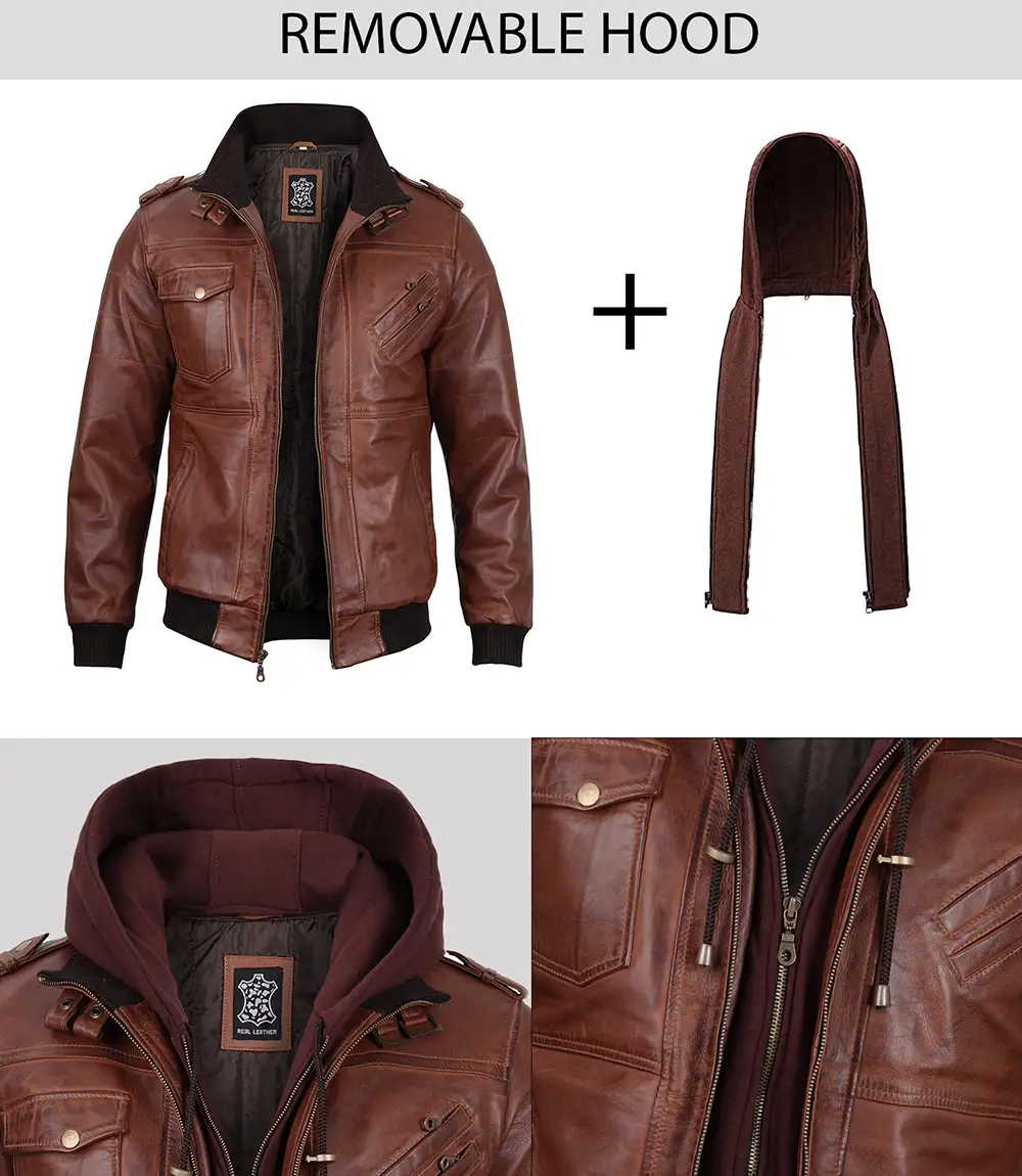 Men's Brown Bomber Leather Jacket With Removable Hood