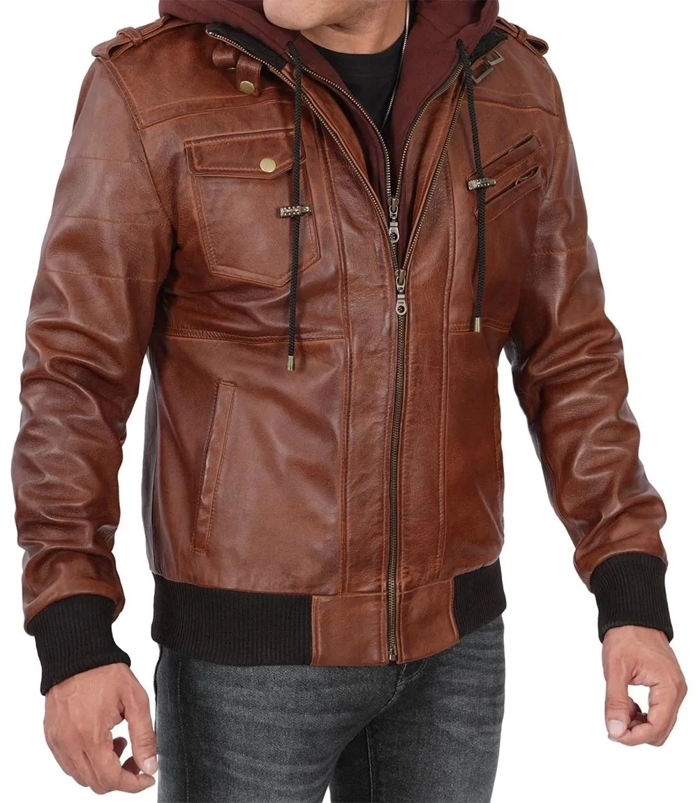 Men's Brown Bomber Leather Jacket With Removable Hood