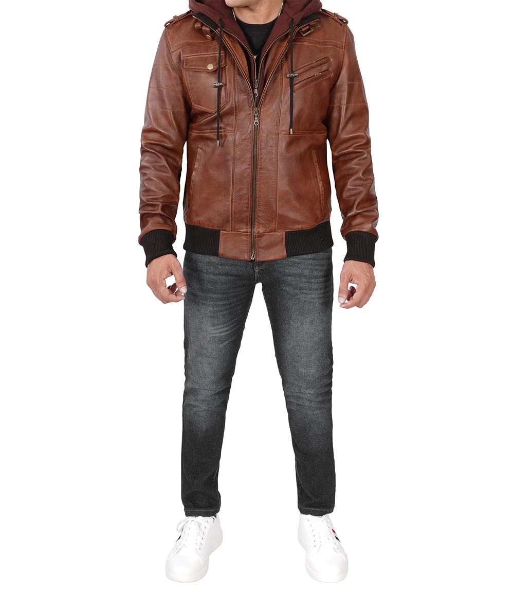 Men's Brown Bomber Leather Jacket With Removable Hood