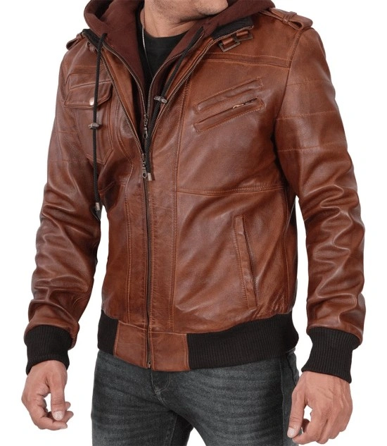 Men's Brown Bomber Leather Jacket With Removable Hood