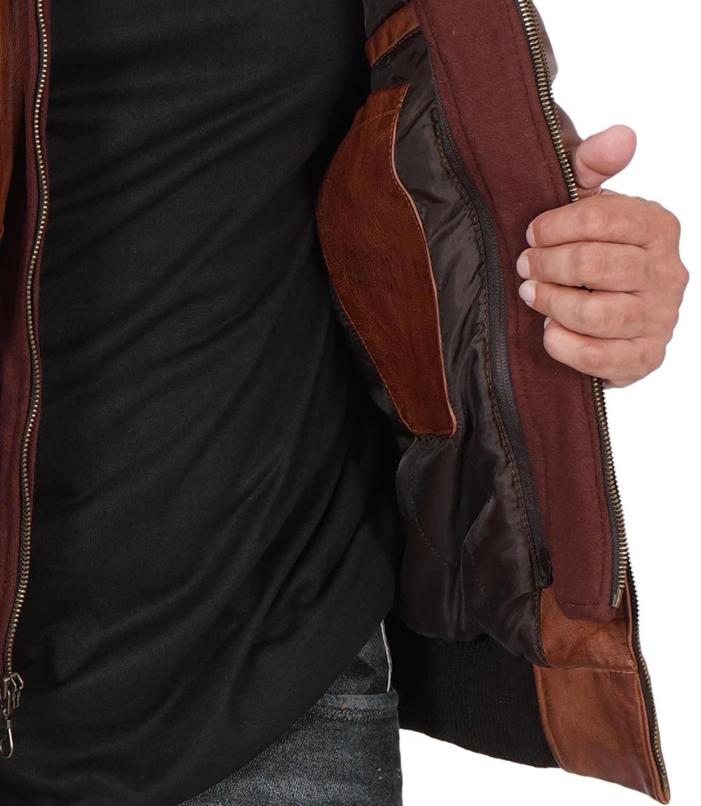 Men's Brown Bomber Leather Jacket With Removable Hood