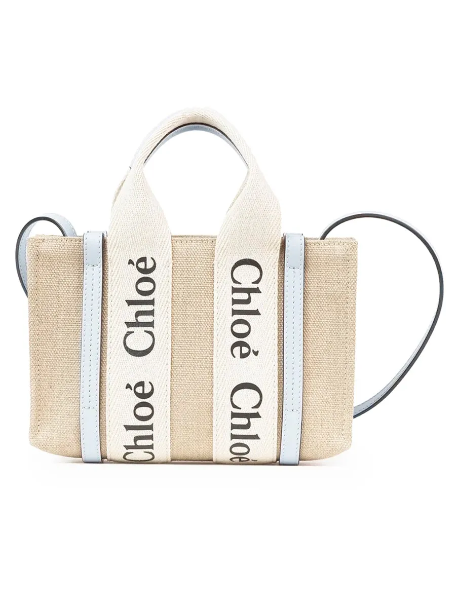 Mini Woody Tote Bag in White/Light Blue