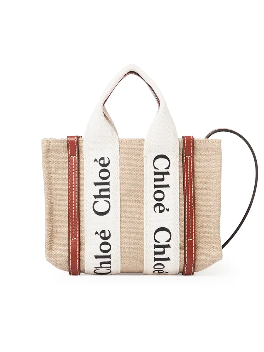 Mini Woody Tote Bag  with Strap in White/Brown