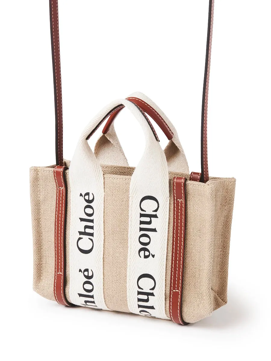 Mini Woody Tote Bag  with Strap in White/Brown