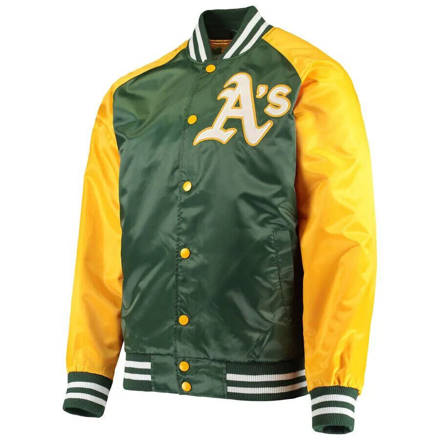 MLB Oakland Athletics Green Golden Satin Baseball Letterman Varsity Jacket