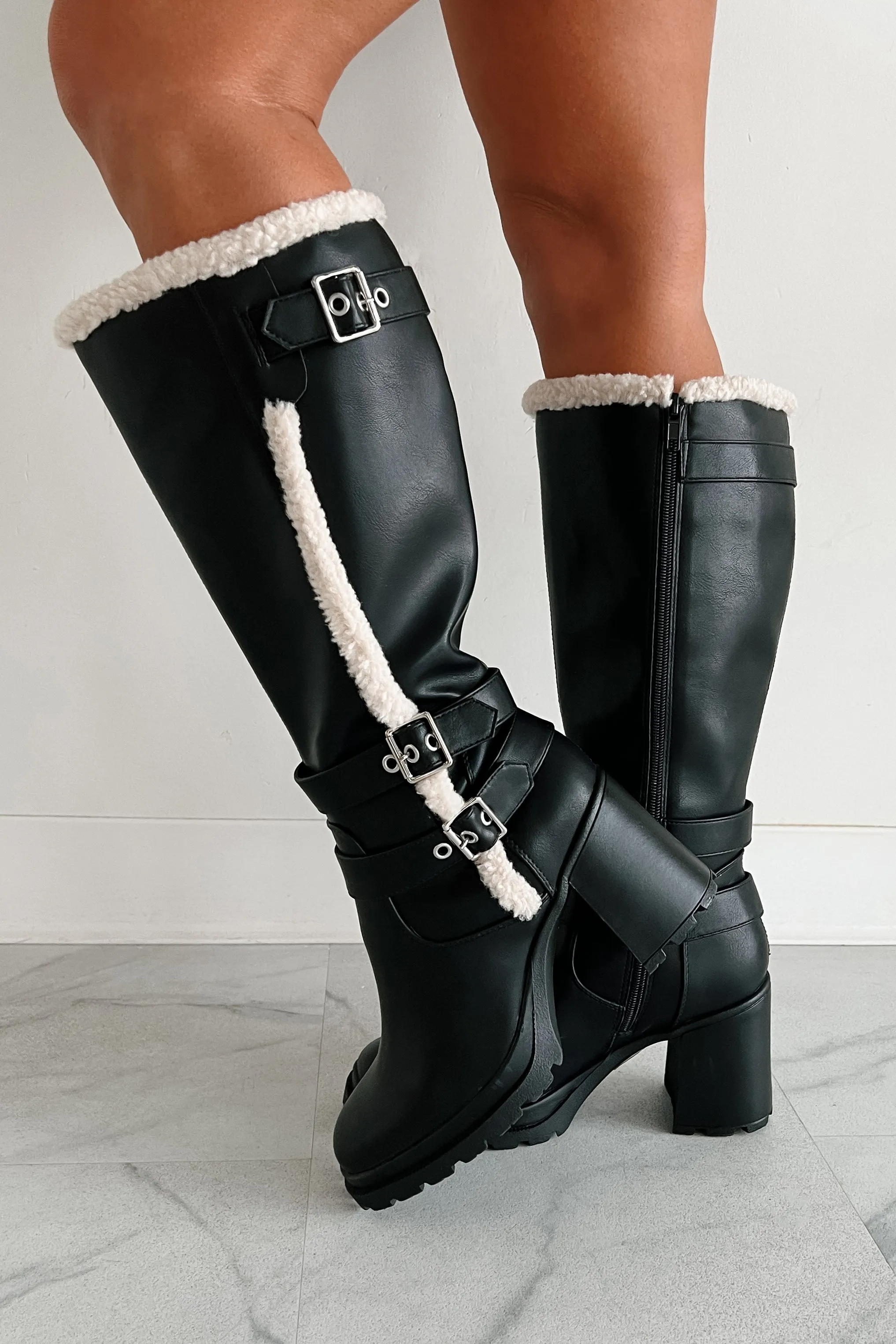 Moscow Sherpa Trim Knee High Platform Boots (Black)