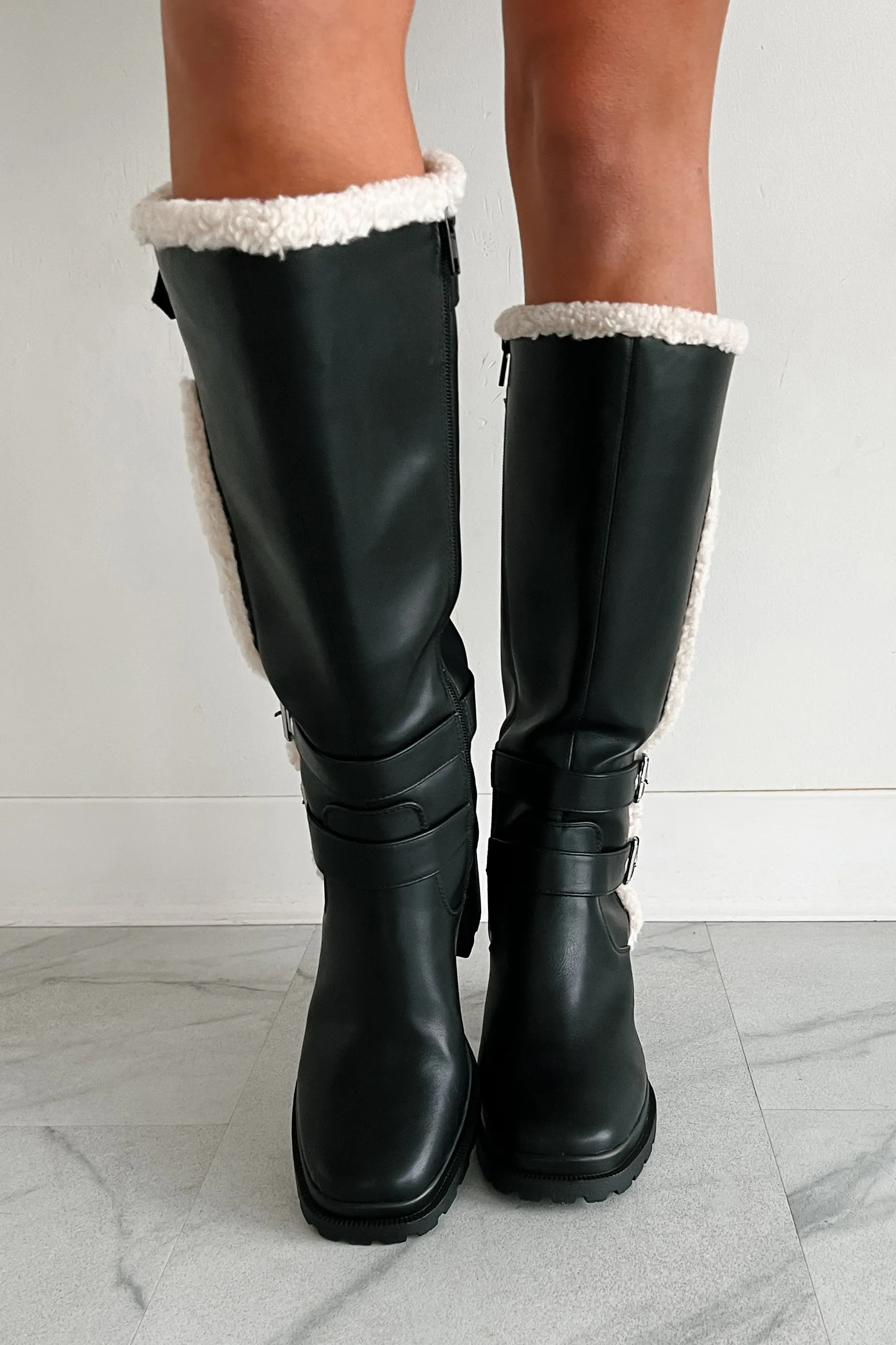 Moscow Sherpa Trim Knee High Platform Boots (Black)