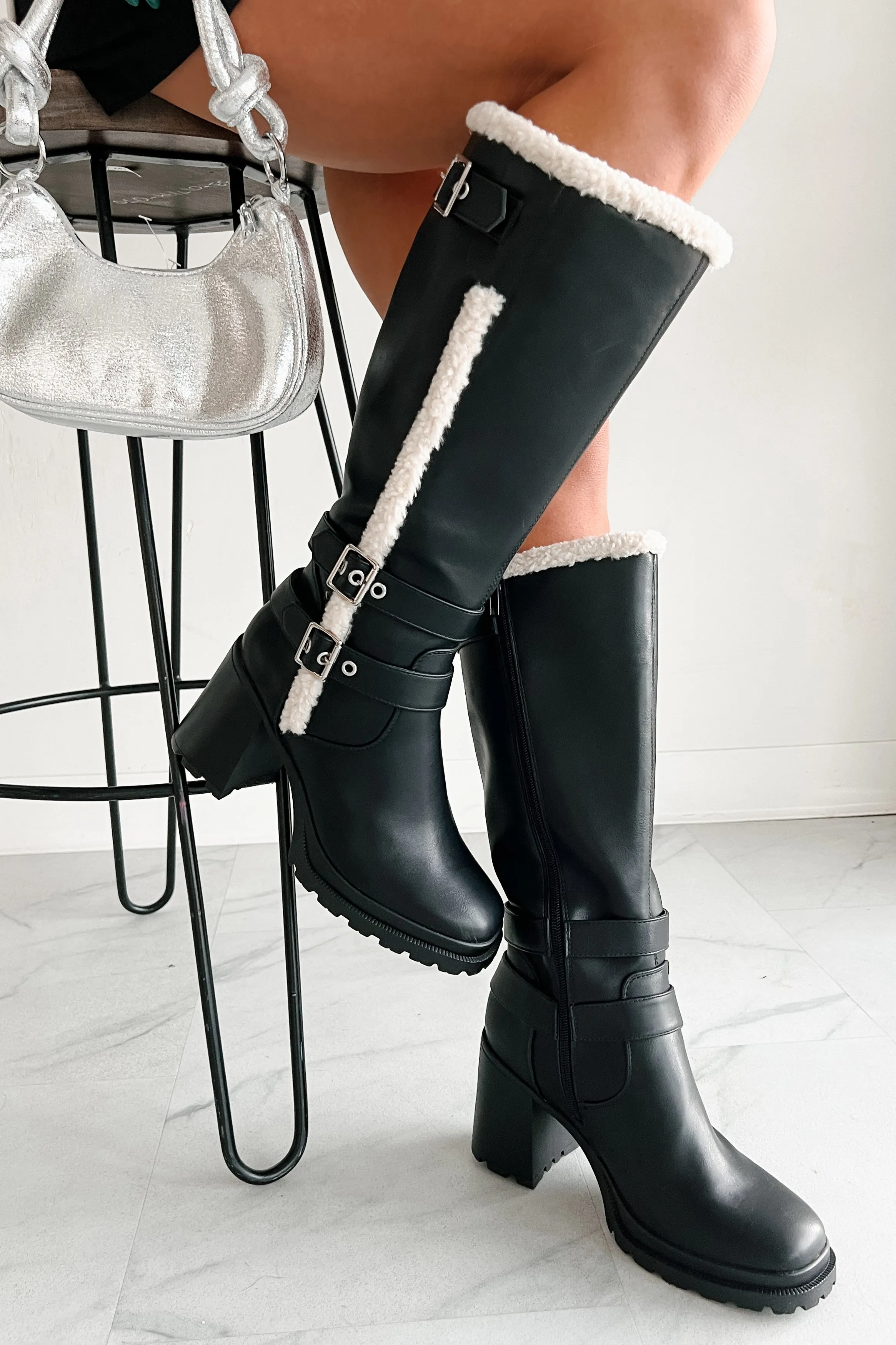 Moscow Sherpa Trim Knee High Platform Boots (Black)