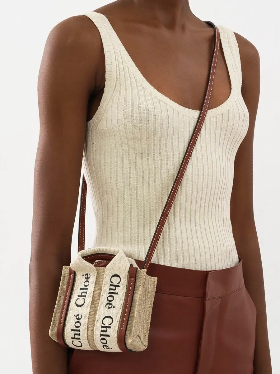 Nano Woody Tote Bag in White/Brown