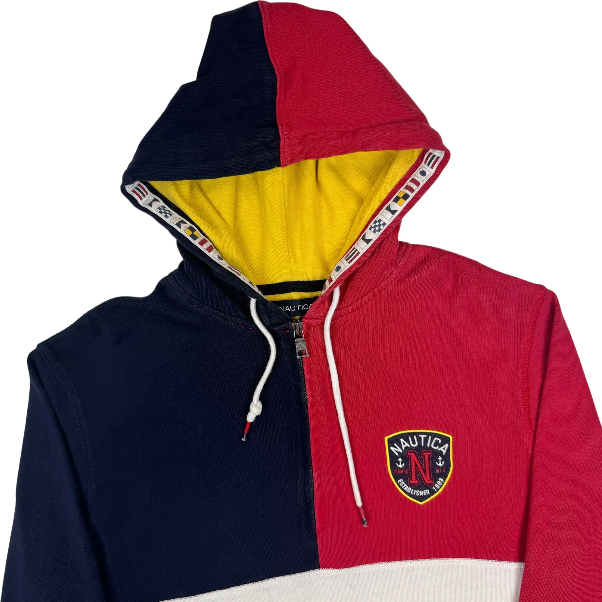 Nautica Colorblock Quarter Zip Pullover Hoodie Red Navy Cream