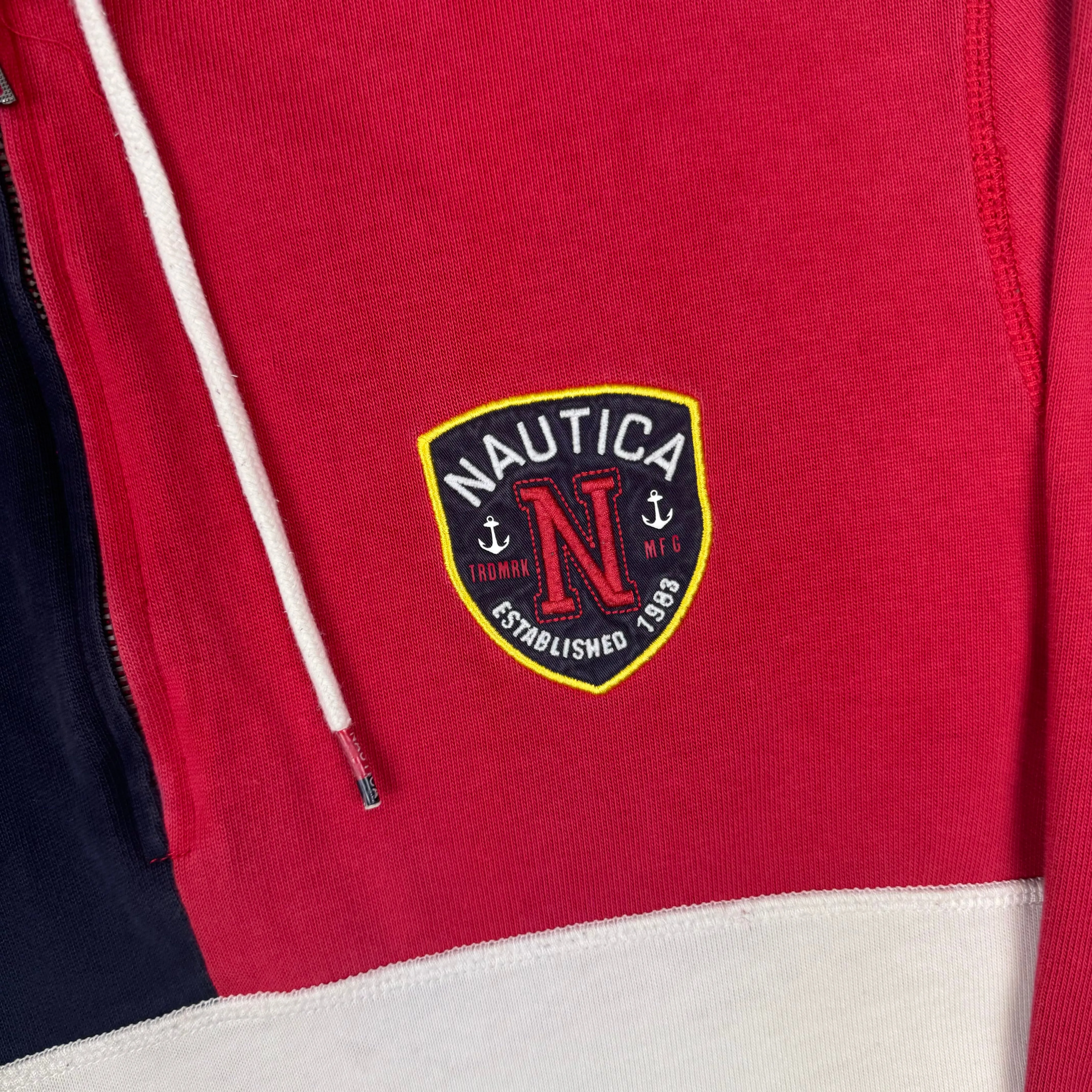 Nautica Colorblock Quarter Zip Pullover Hoodie Red Navy Cream