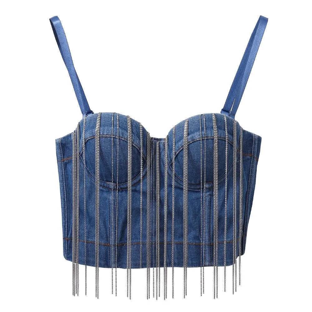 New Autumn Denim Crop Tops Metal Chain Tassel Push Up Sexy Corset Tops Performance To Wear Out Ladies Camis