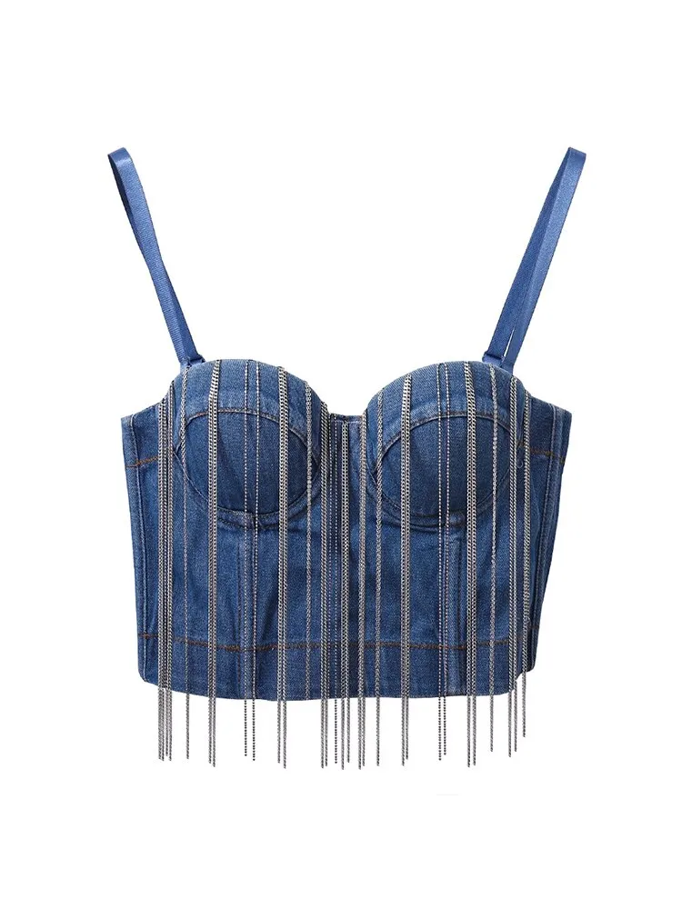 New Autumn Denim Crop Tops Metal Chain Tassel Push Up Sexy Corset Tops Performance To Wear Out Ladies Camis