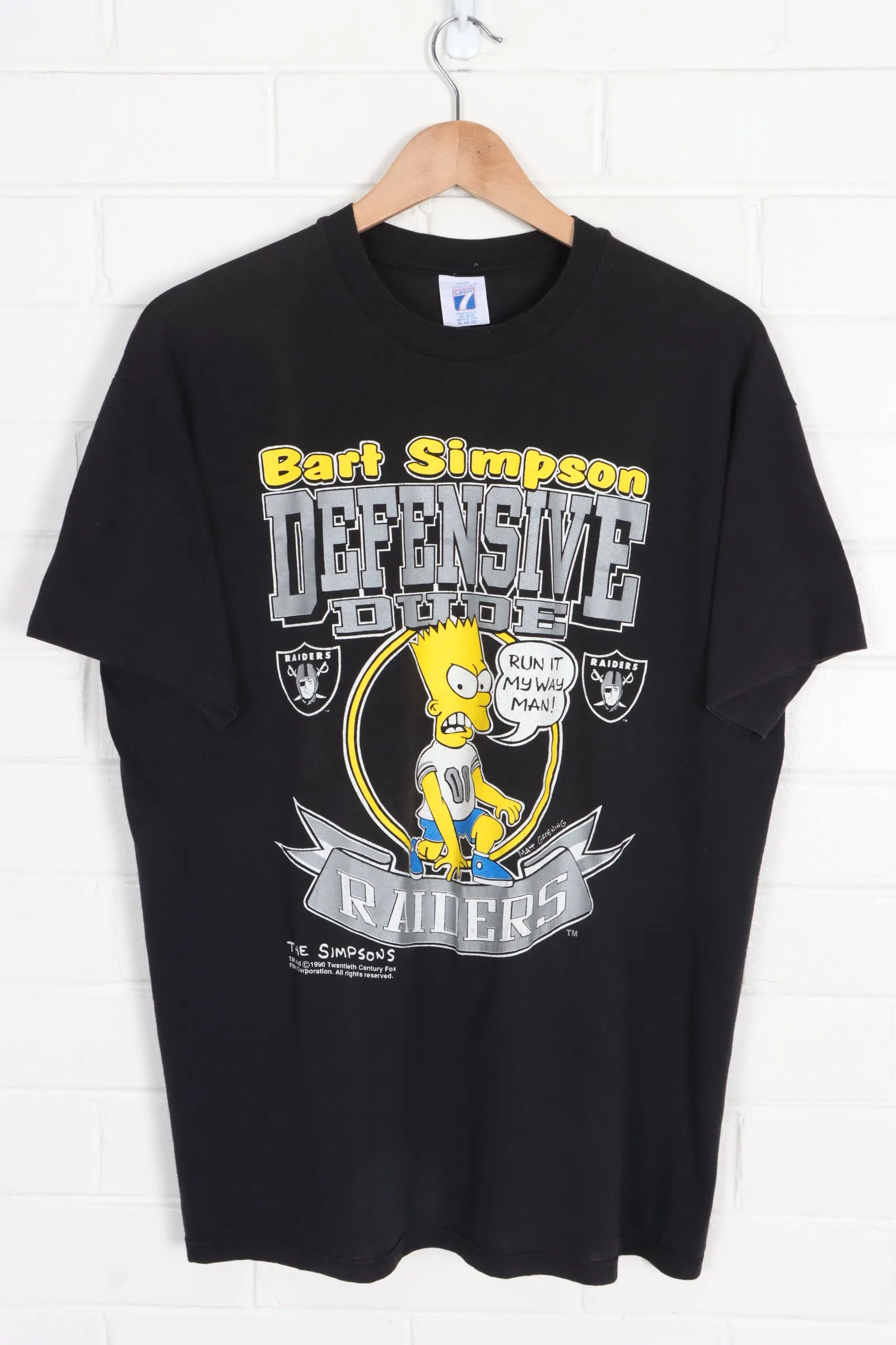 NFL LA Raiders x The Simpsons Bart Defensive Dude 1990 T-Shirt USA Made (L)