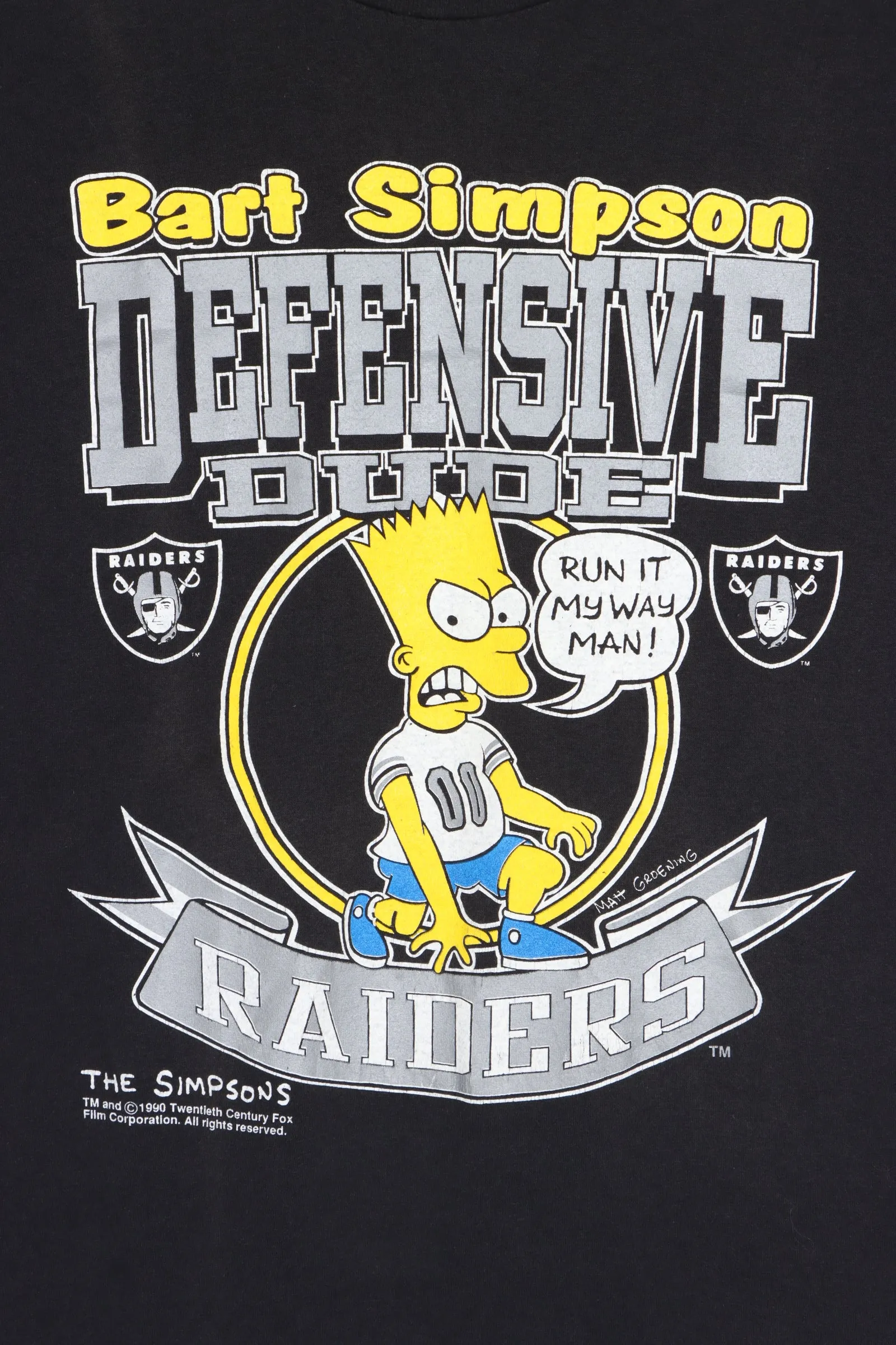 NFL LA Raiders x The Simpsons Bart Defensive Dude 1990 T-Shirt USA Made (L)