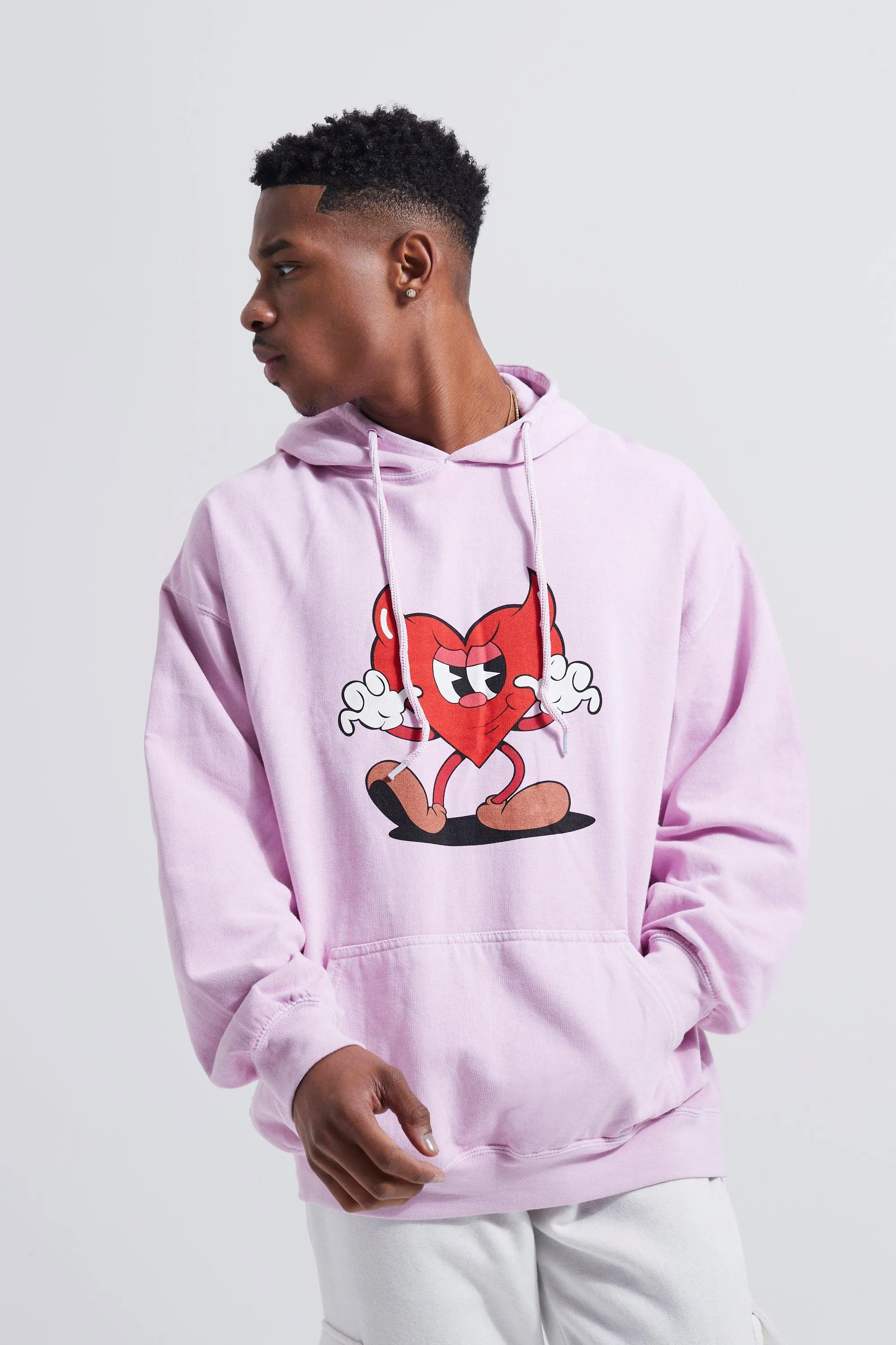 Oversized Overdye Devil Heart Print Hoodie | boohooMAN UK