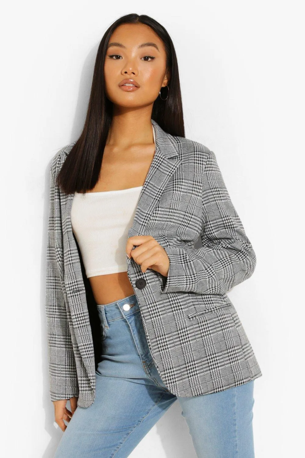 Petite Woven Check Oversized Blazer