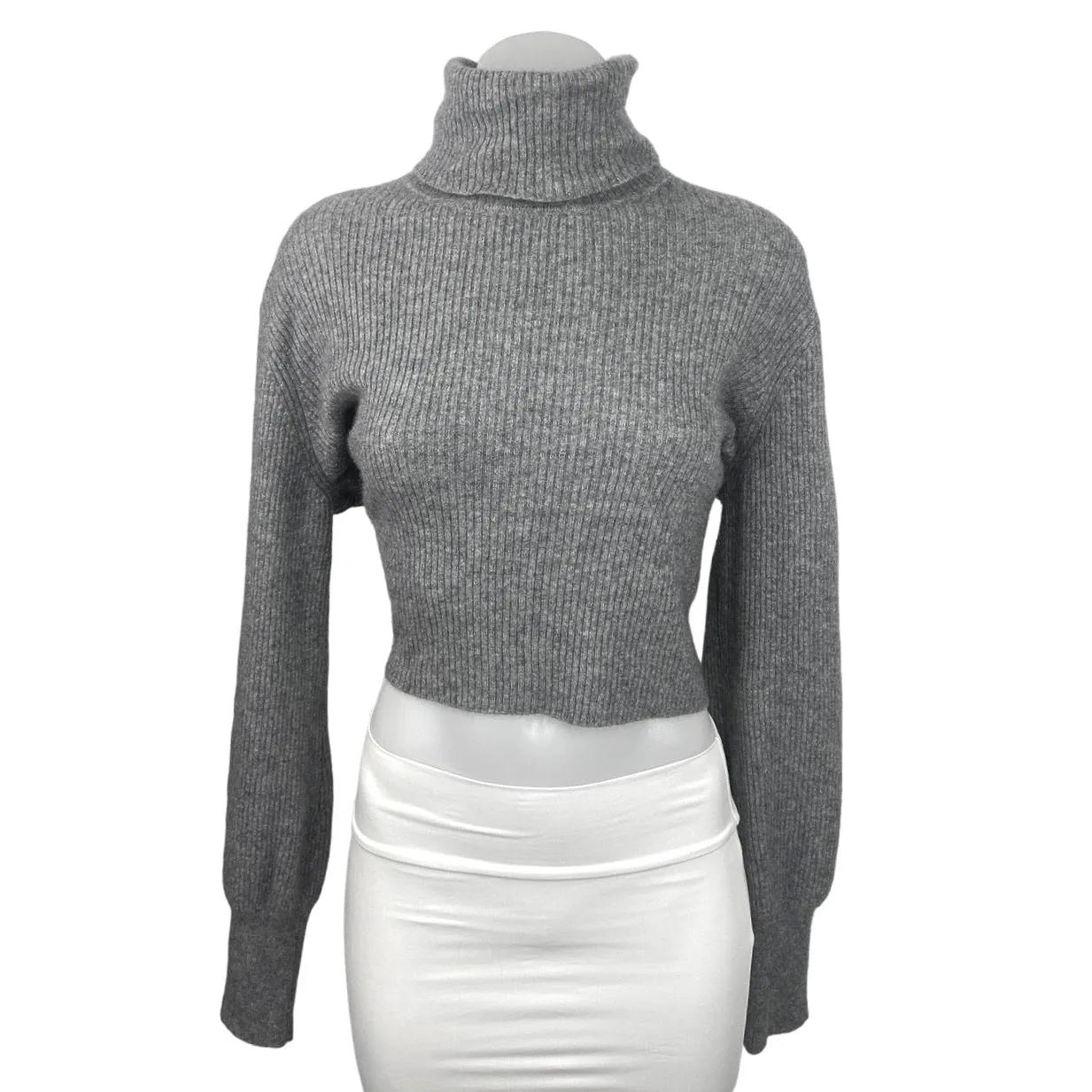 Reformation Gray Cashmere Turtleneck Ribbed Knit Cropped Sweater Top Size L