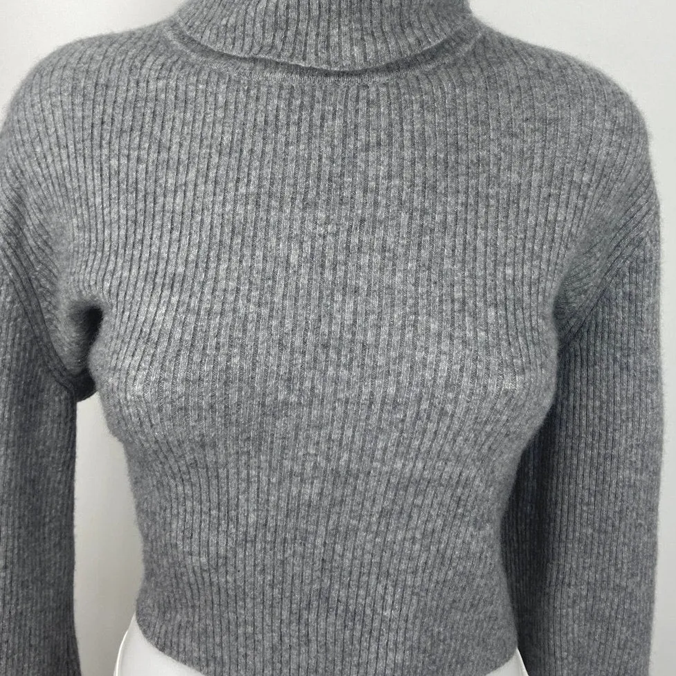 Reformation Gray Cashmere Turtleneck Ribbed Knit Cropped Sweater Top Size L