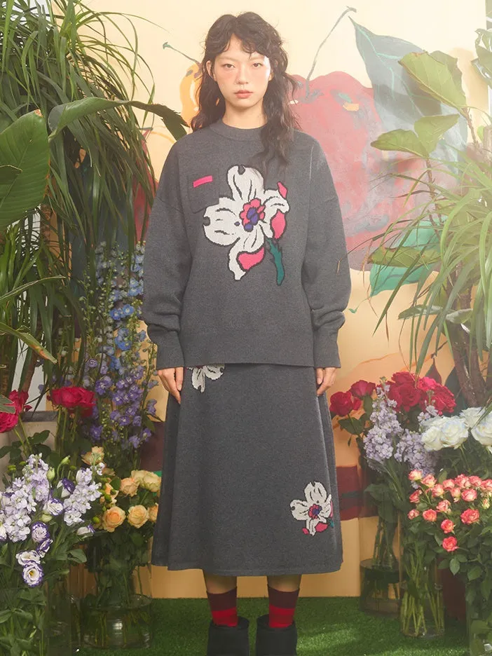 Retro Cherry Blossom Jacquard Sweater & Knitted Skirt