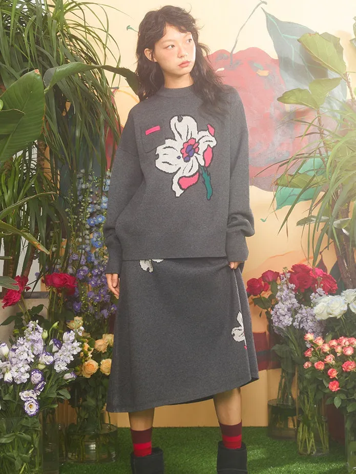 Retro Cherry Blossom Jacquard Sweater & Knitted Skirt