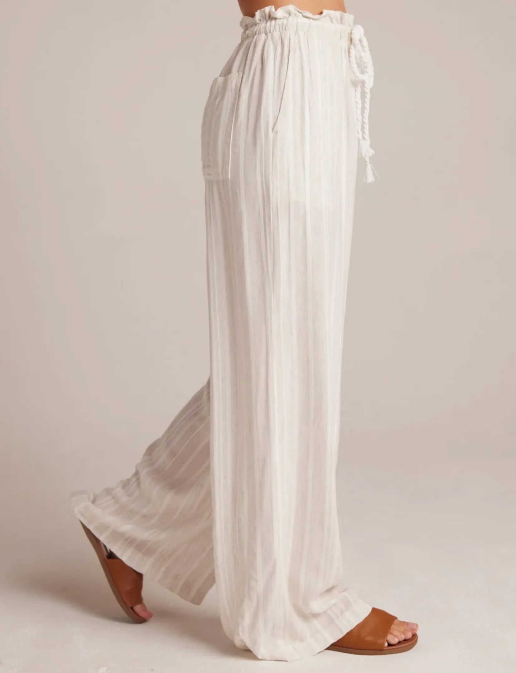 Ruffle Waist Wide Leg, White Sand Stripes