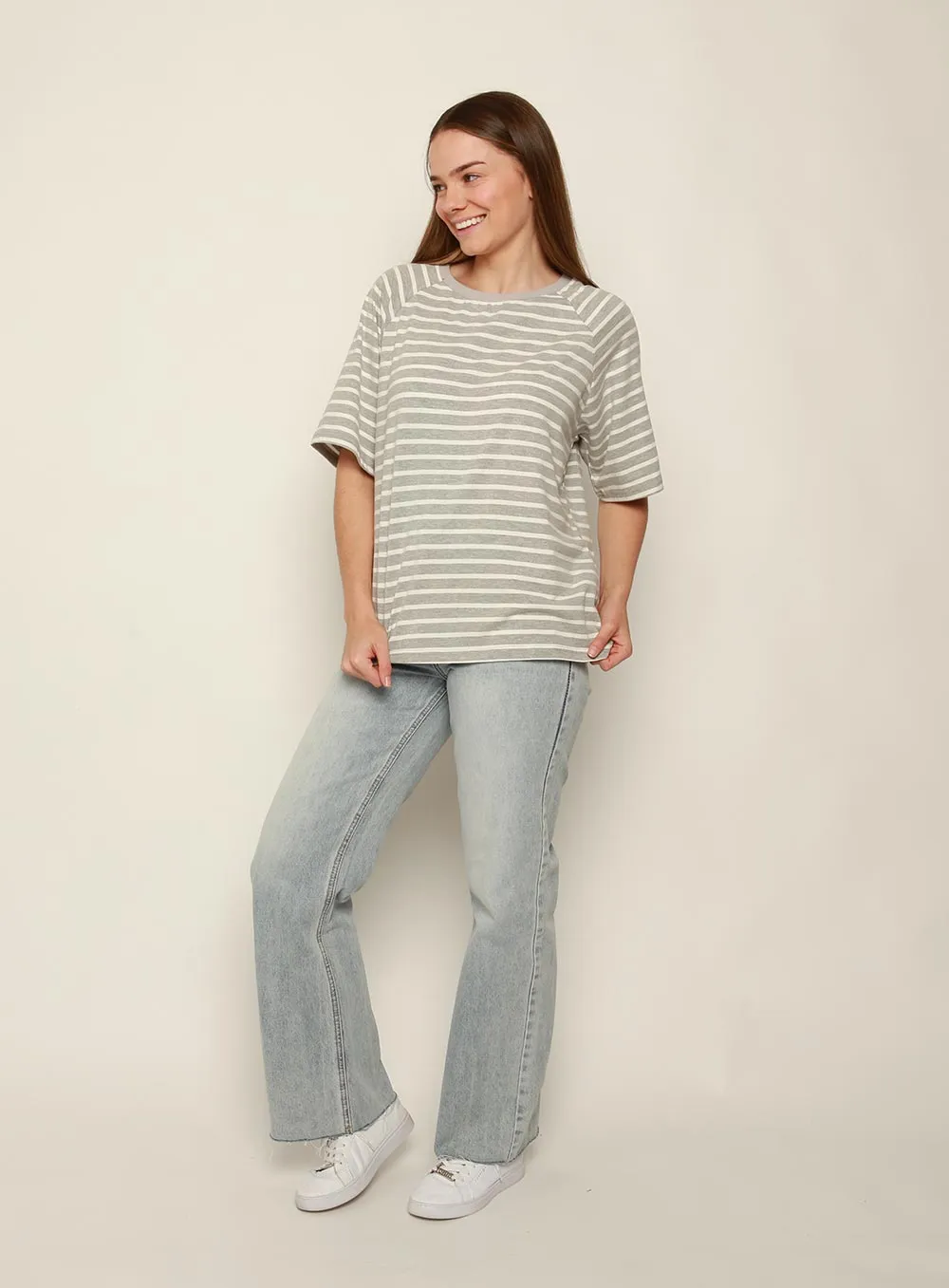 Selina Stripe T-shirt-White-Grey