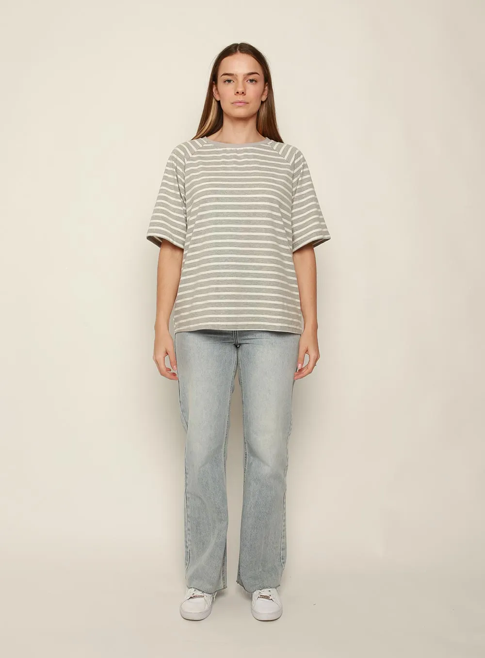 Selina Stripe T-shirt-White-Grey