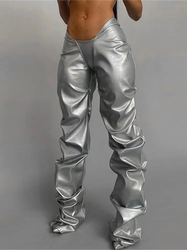 Shiny Low-Waisted Faux Leather Pants