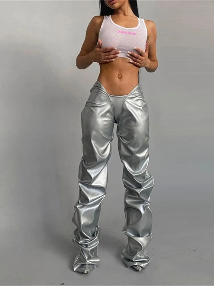 Shiny Low-Waisted Faux Leather Pants