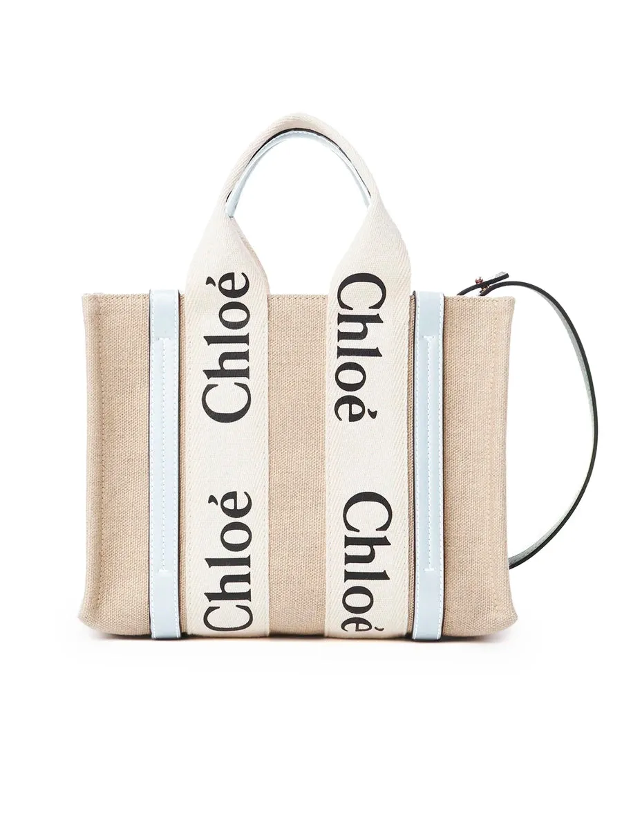 Small Woody Tote Bag in White/Light Blue