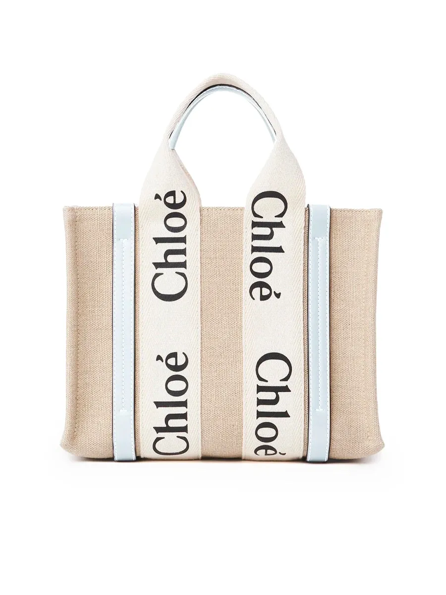 Small Woody Tote Bag in White/Light Blue