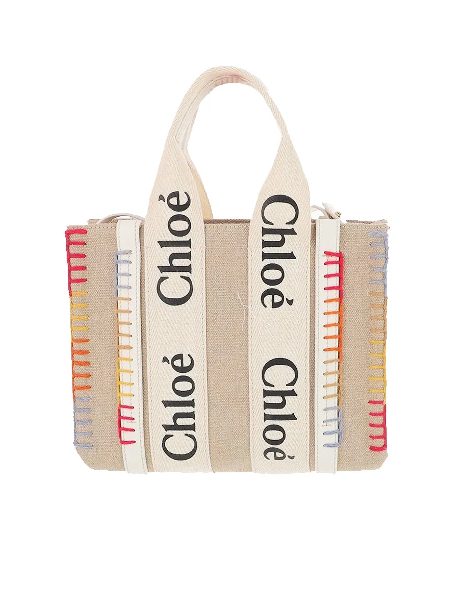 Small Woody Tote Bag with Multicolor Stitches