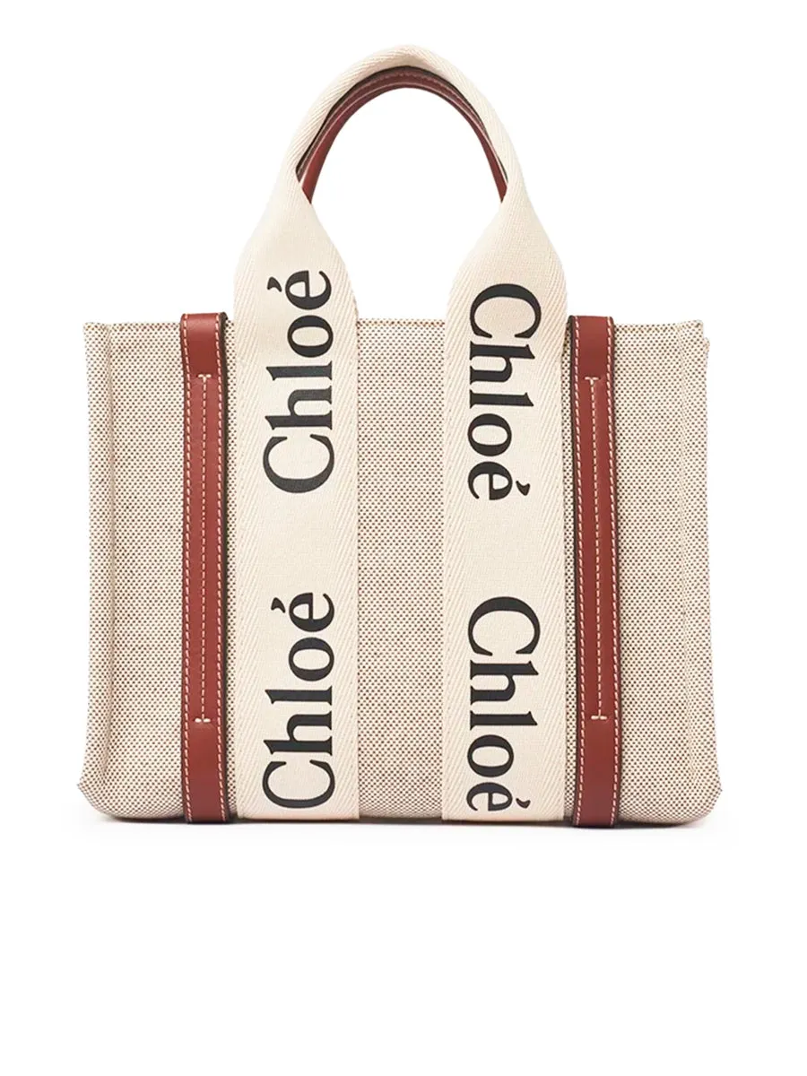 Small Woody Tote Bag with Strap in White/Brown