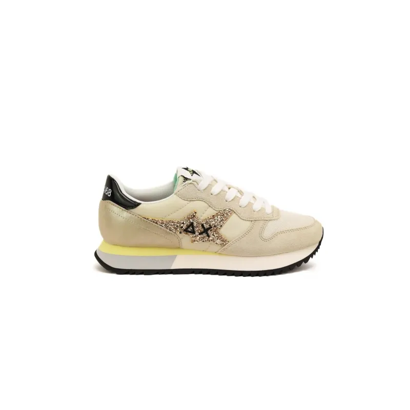 SNEAKERS DONNA IN PELLE E TESSUTO, BEIGE