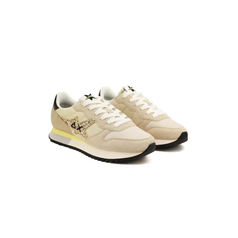 SNEAKERS DONNA IN PELLE E TESSUTO, BEIGE