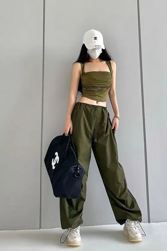 Solid Drawstring Waist Parachute Pants