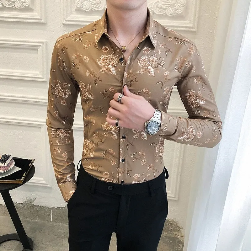 Spring Fashion Long Sleeve Slim Fit Luxury Digital Printed Shirts for men