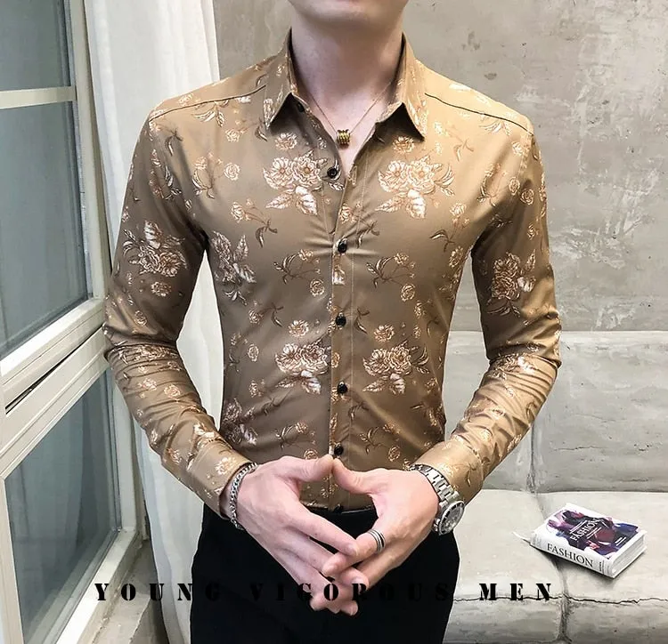 Spring Fashion Long Sleeve Slim Fit Luxury Digital Printed Shirts for men