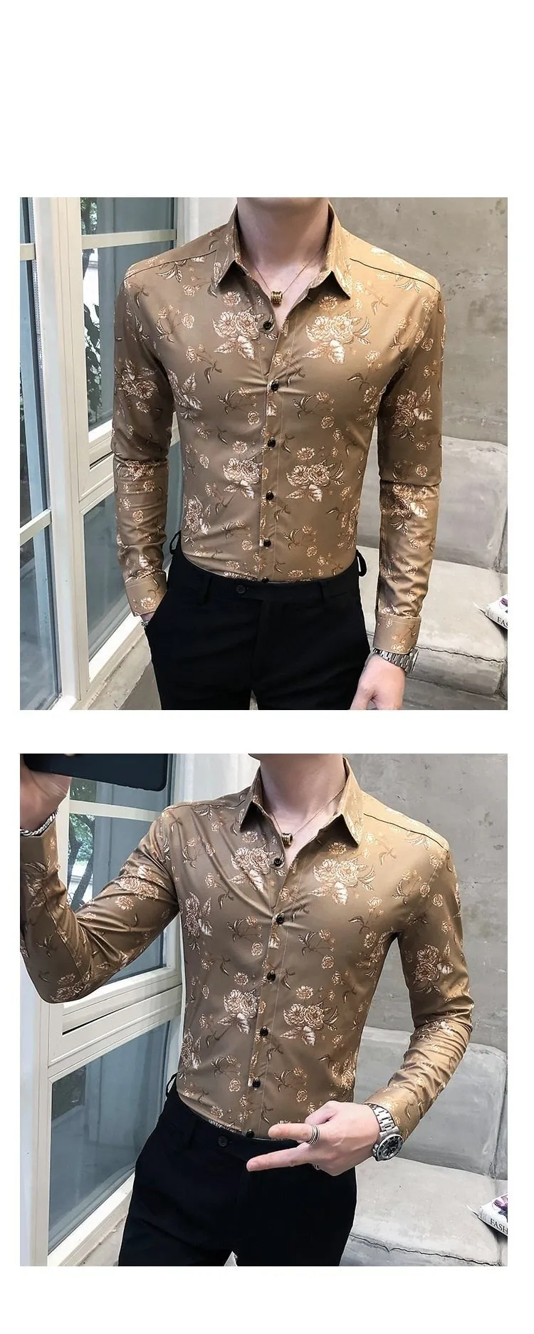 Spring Fashion Long Sleeve Slim Fit Luxury Digital Printed Shirts for men