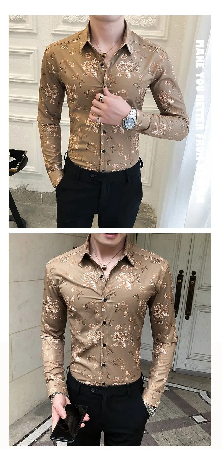 Spring Fashion Long Sleeve Slim Fit Luxury Digital Printed Shirts for men