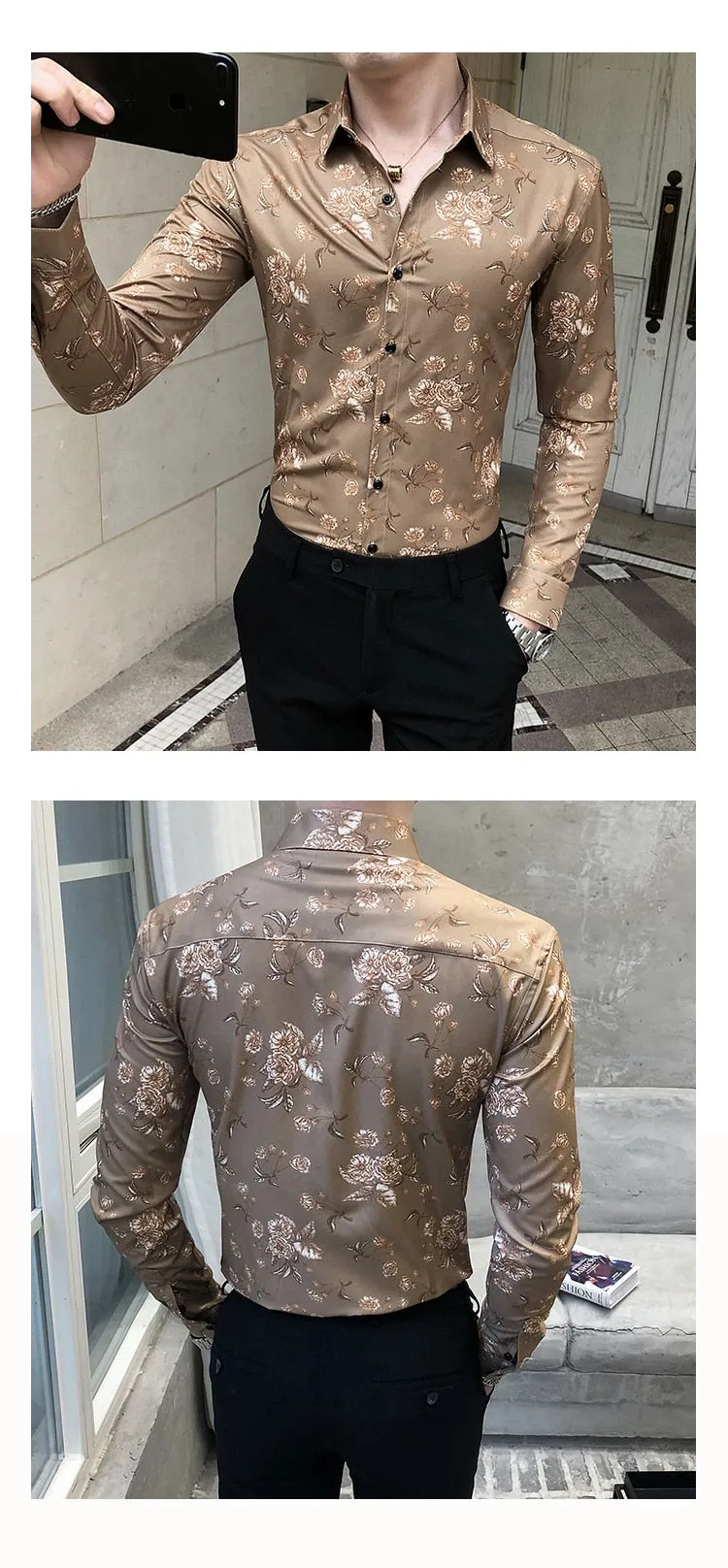 Spring Fashion Long Sleeve Slim Fit Luxury Digital Printed Shirts for men