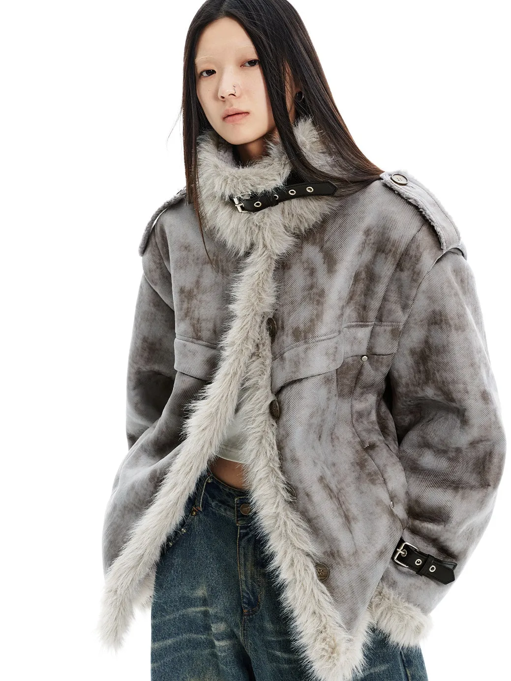 Stand-Collar Fur Stitch Loose Work Jacket